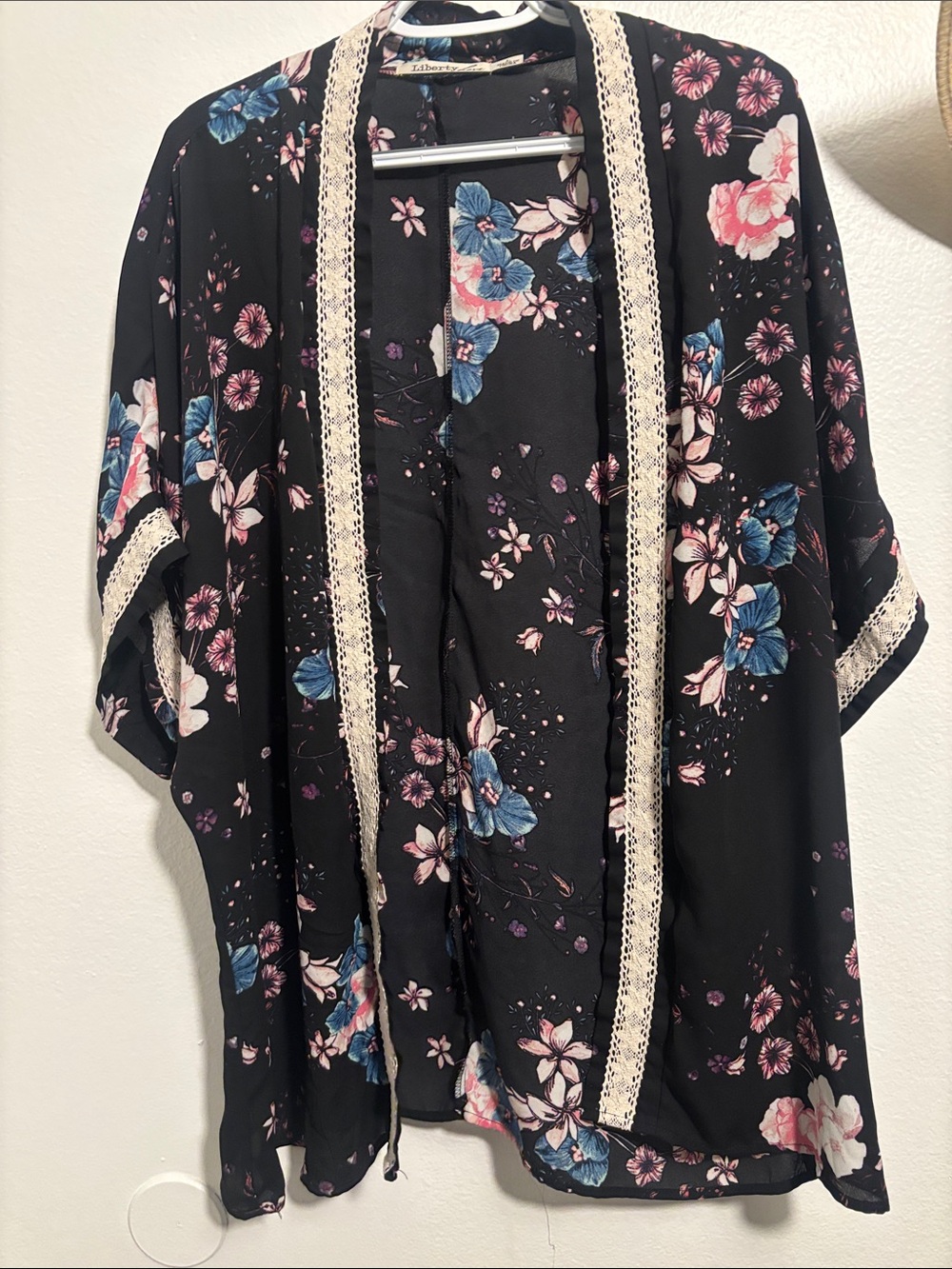 Liberty Love Black Floral Lace-Trim Kimono with Blue & Pink Blooms
